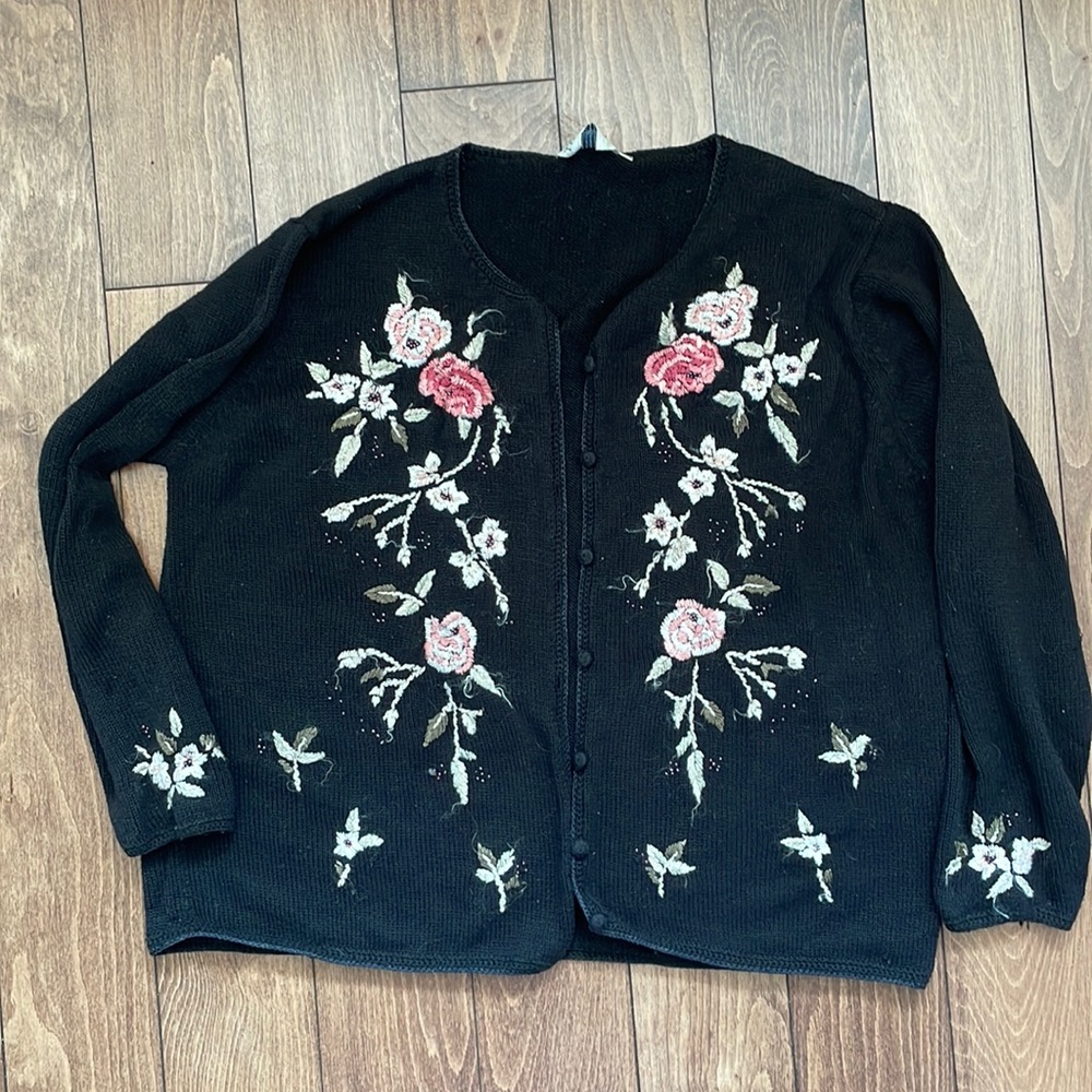 Grannycore cotton blend black cardigan with floral embroidery - Picture 1 of 9